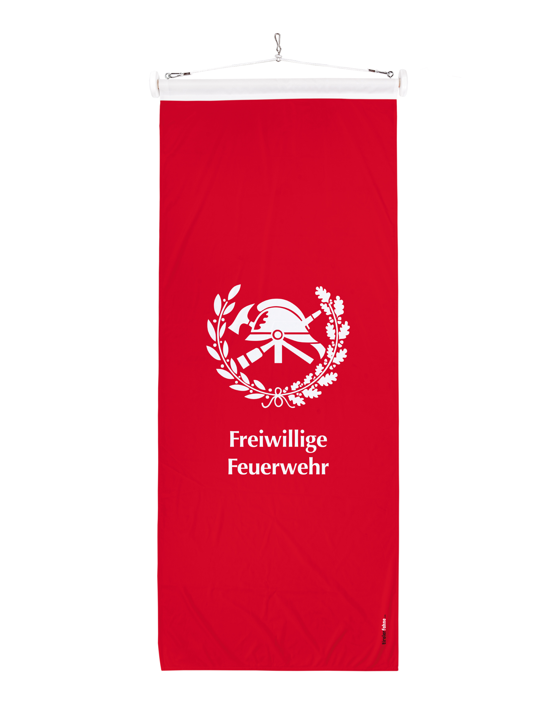 Feuerwehrfahne in rot mit Feuerwehrsymbol und "Freiwillige Feuerwehr" in weiss