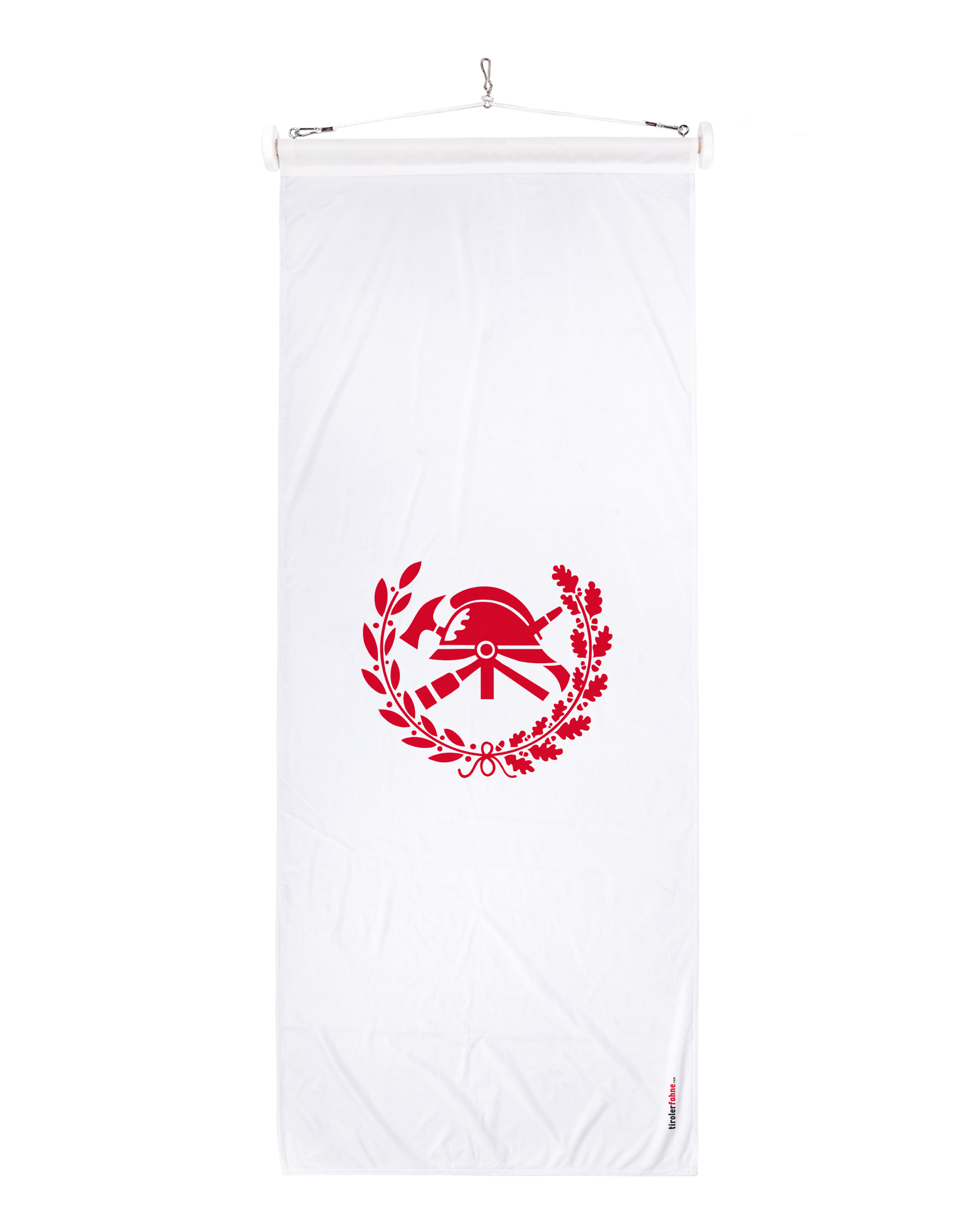 Feuerwehrfahne in weiss mit Feuerwehrsymbol in rot