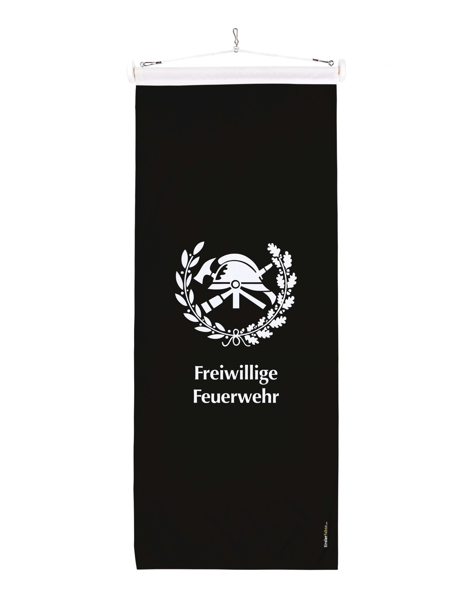 Feuerwehrfahne in schwarz mit Feuerwehrsymbol und "Freiwillige Feuerwehr" in weiss