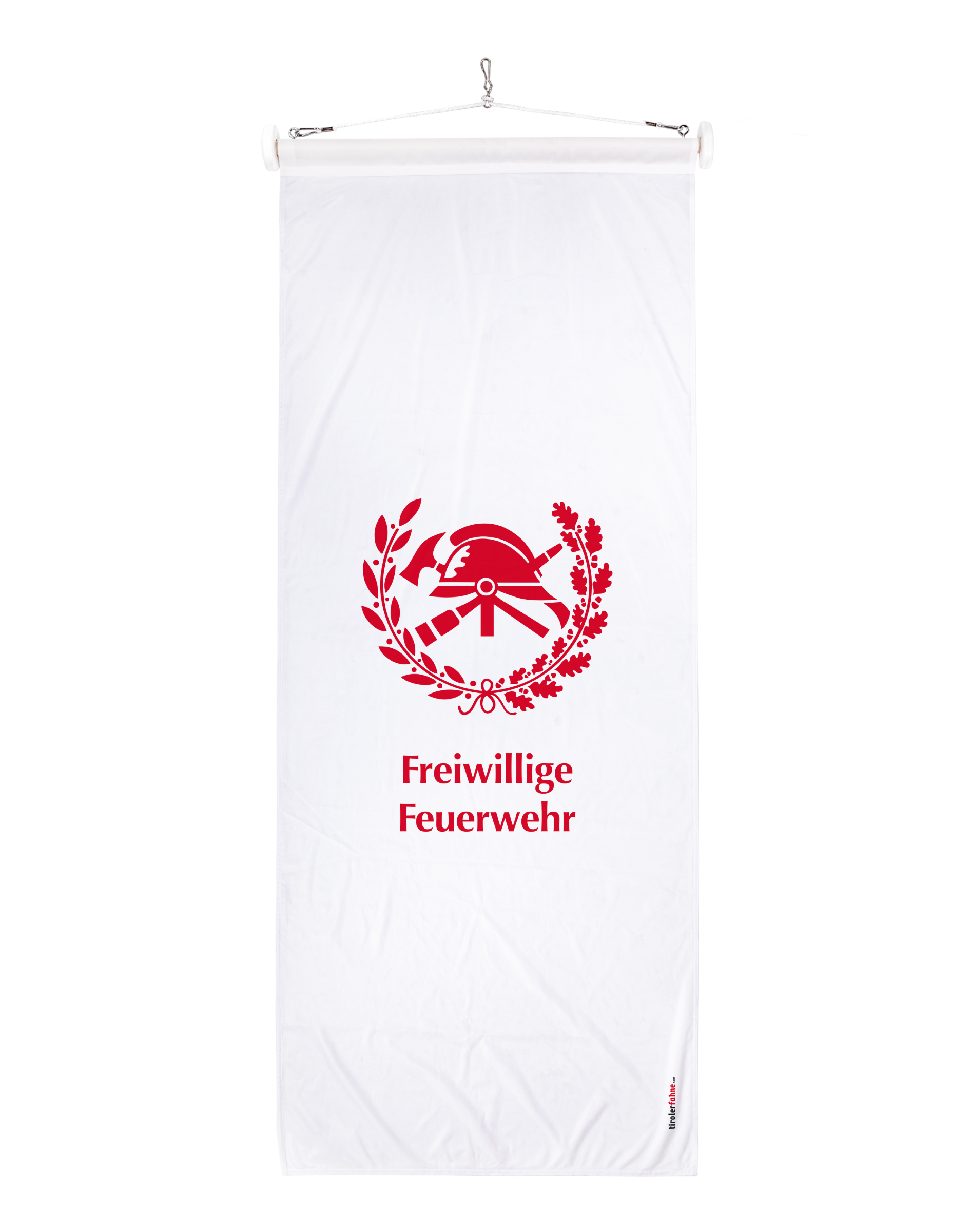 Feuerwehrfahne in weiss mit Feuerwehrsymbol und "Freiwillige Feuerwehr" in rot