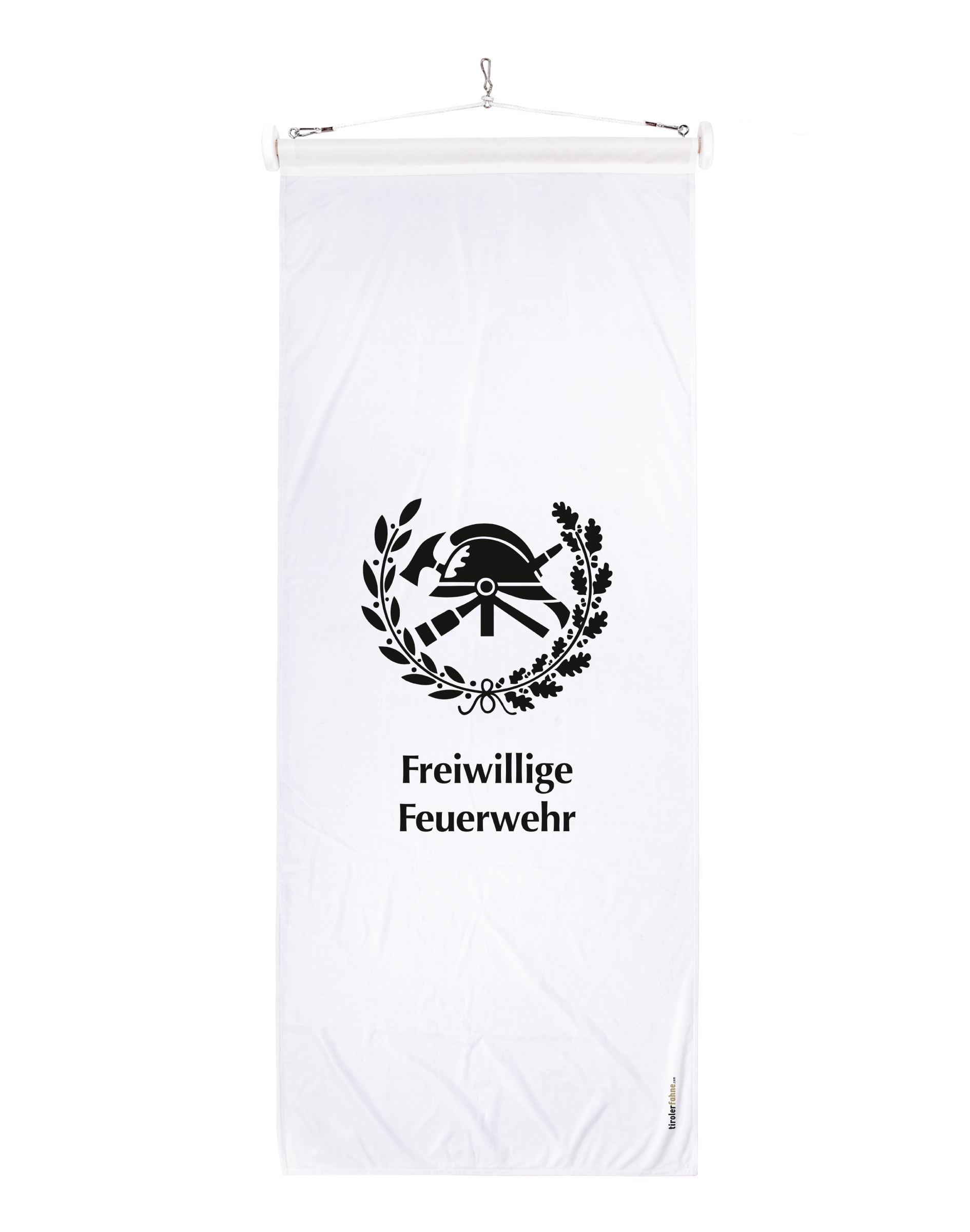 Feuerwehrfahne in weiss mit Feuerwehrsymbol und "Freiwillige Feuerwehr" in schwarz