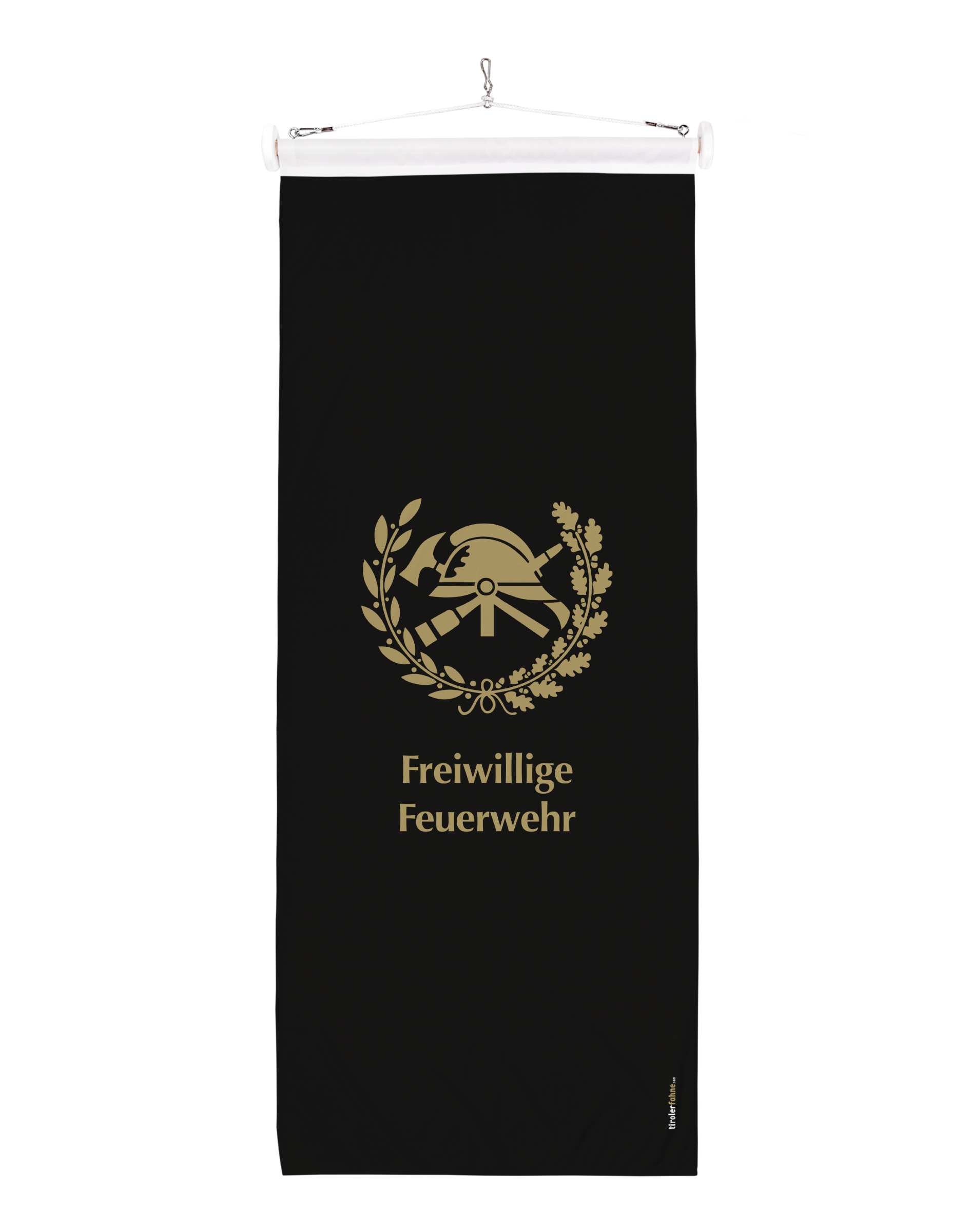Feuerwehrfahne in schwarz mit Feuerwehrsymbol und "Freiwillige Feuerwehr" in gold